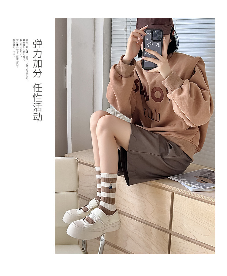 袜子女条纹中筒袜粗针秋冬款ins潮爆款学院风咖系百搭堆堆袜批发详情11
