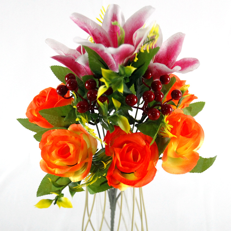 跨境仿真玫瑰花婚庆百合发财果冬青果12头仙桃玫仿真绢花家居花艺详情7