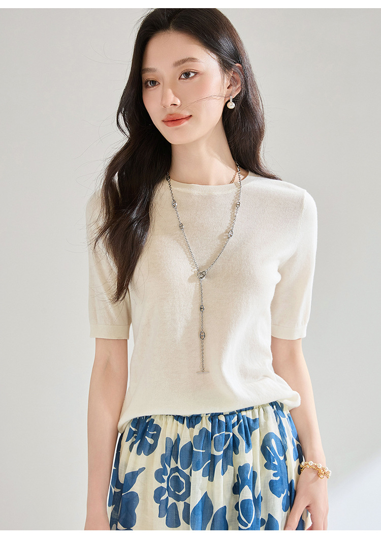 Summer 100% wool short-sleeved round-neck base knitted sweater for women, loose and elegant, versatile T-shirt and sweater 25252 pic 10