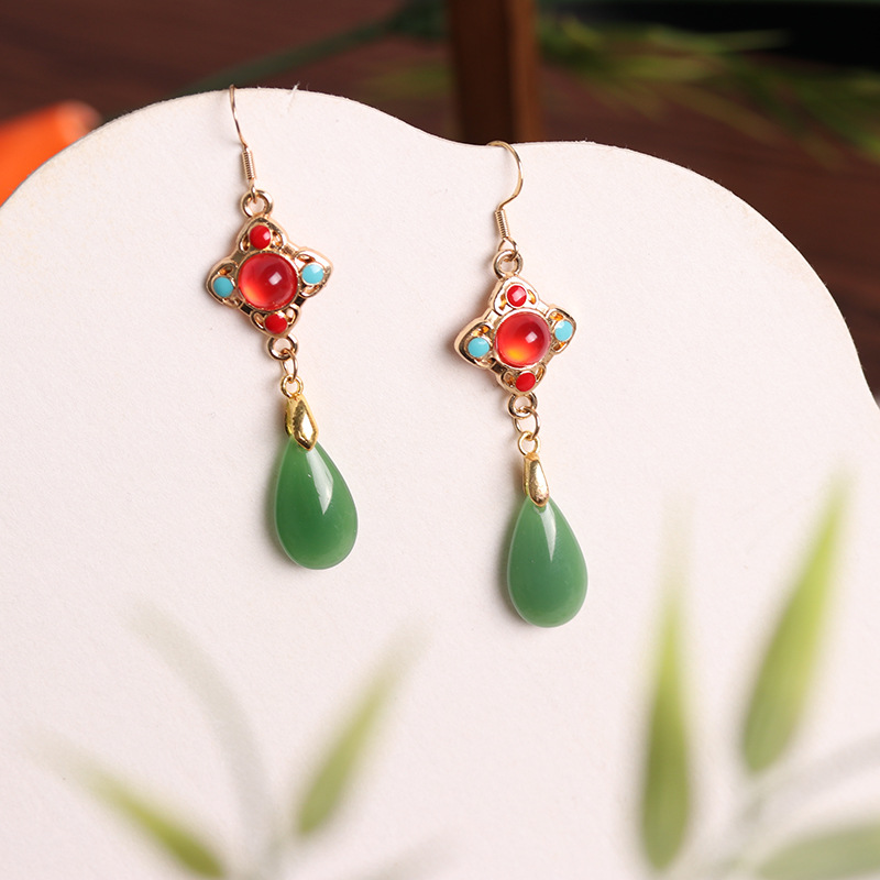 New Chinese-style national trend retro jewelry enamel niche 925 ear needle magnolia flower imitation Hetian jade ancient-style earrings pic 5