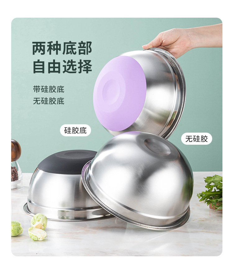 跨境专供不锈钢打蛋盆加厚带盖防滑彩色硅胶底带刻度烘培沙拉盆碗详情9