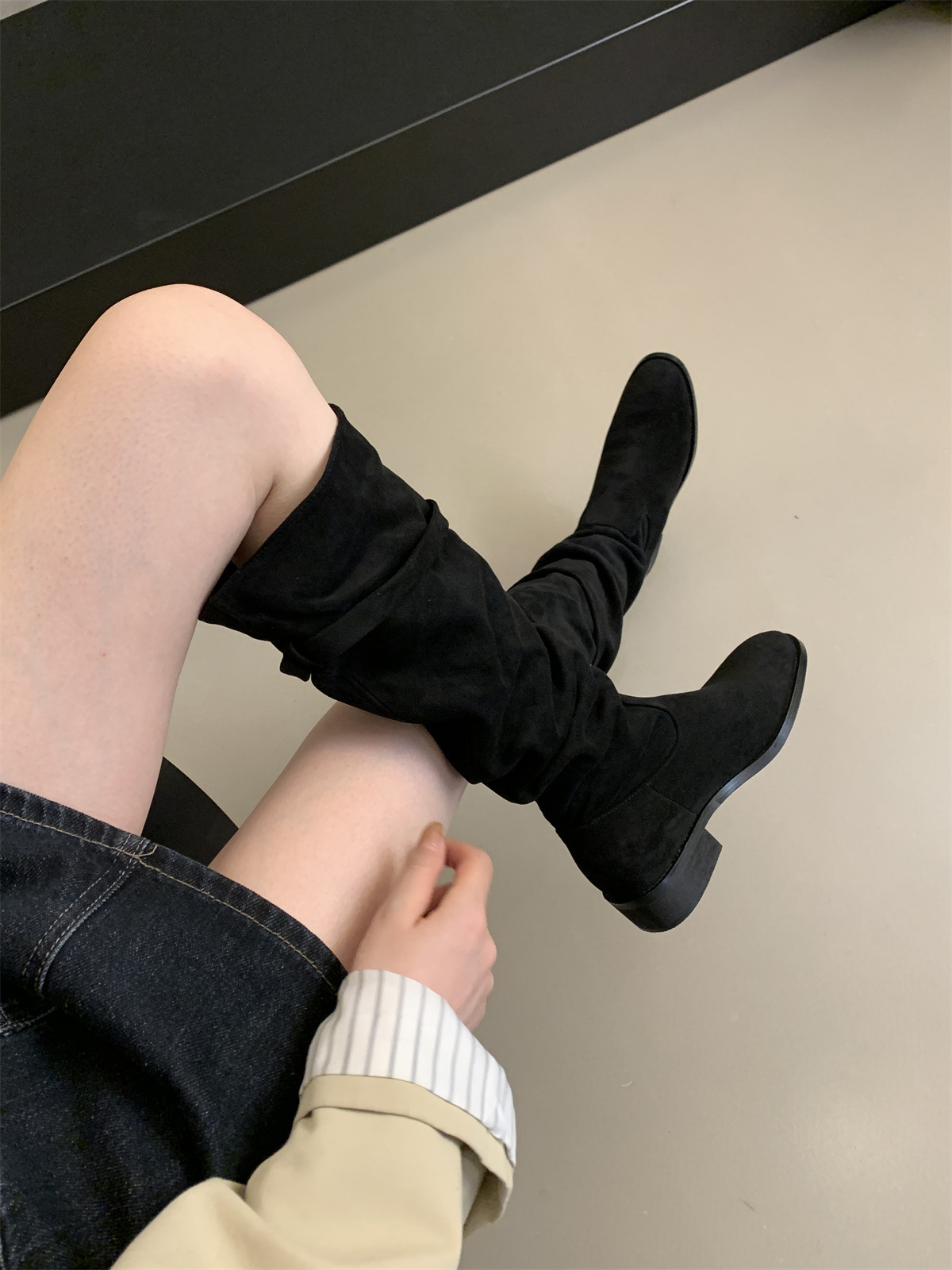 绒面瘦瘦靴卡其色堆堆骑士靴女2025新款秋冬季显瘦高筒粗跟长靴子详情8