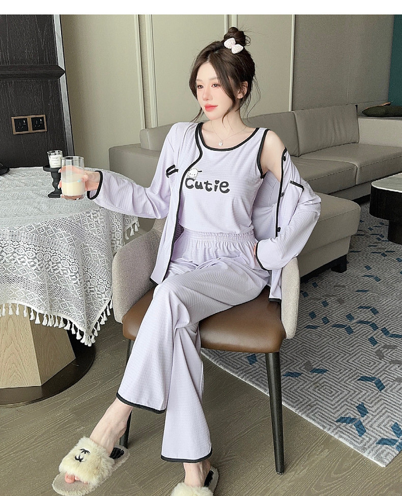 带胸垫睡衣女春秋长袖四件套夏季吊带背心可爱卡通2024新款家居服详情37