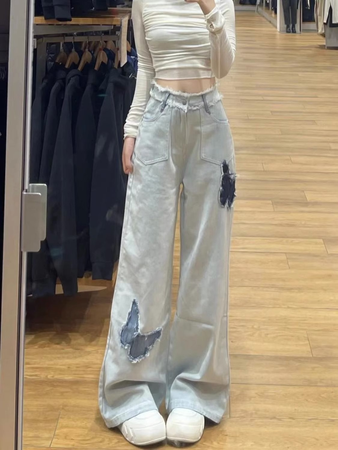 Light blue fringed butterfly straight-leg jeans for women, new autumn style with embroidered design, high-waisted loose, slimming wide-leg pants pic 9