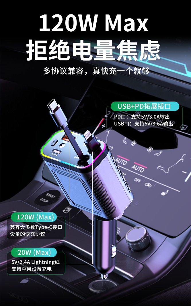 星空顶车载充电器120W手机超级快充伸缩线一拖四汽车usb点烟器口详情4