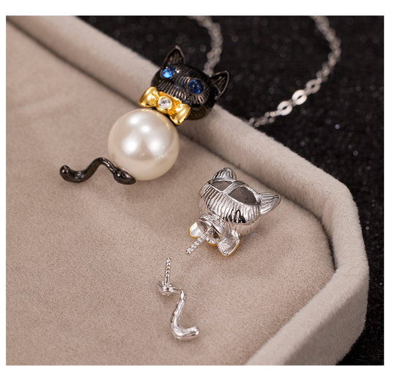S925 sterling silver Little Cat pendant, a niche design for women with a sense of high-end color contrast pendant, DIY accessory, silver empty stand pic 11