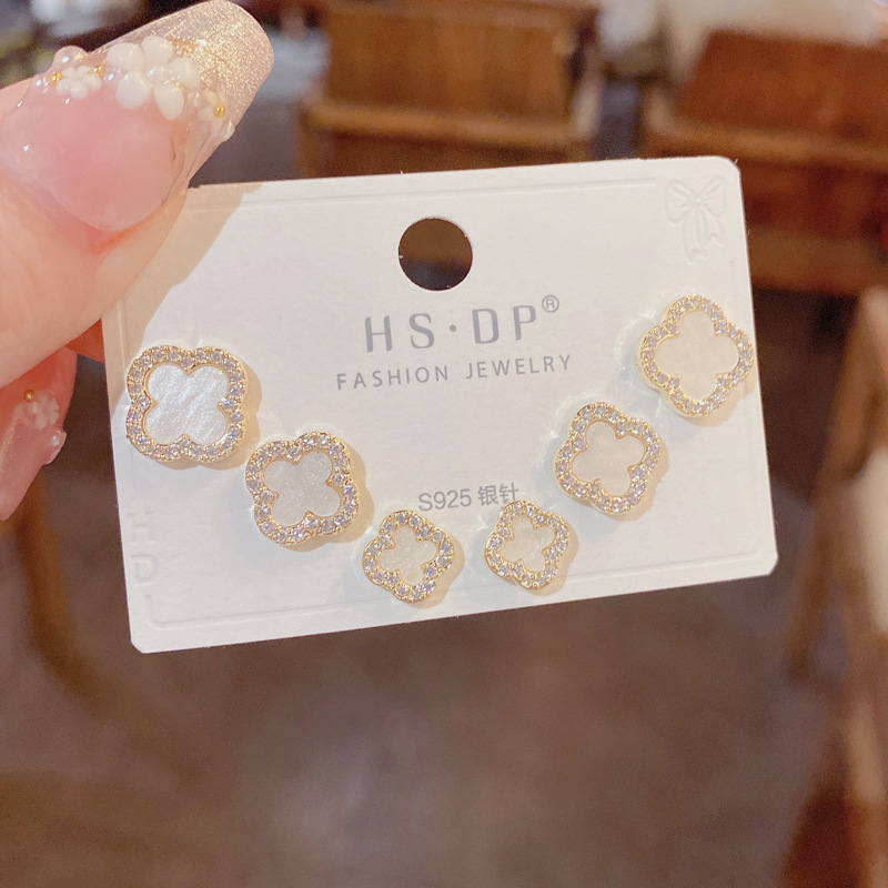 s925银针微镶锆石四叶花三件套耳钉女气质时尚简约小巧耳环耳饰女详情15