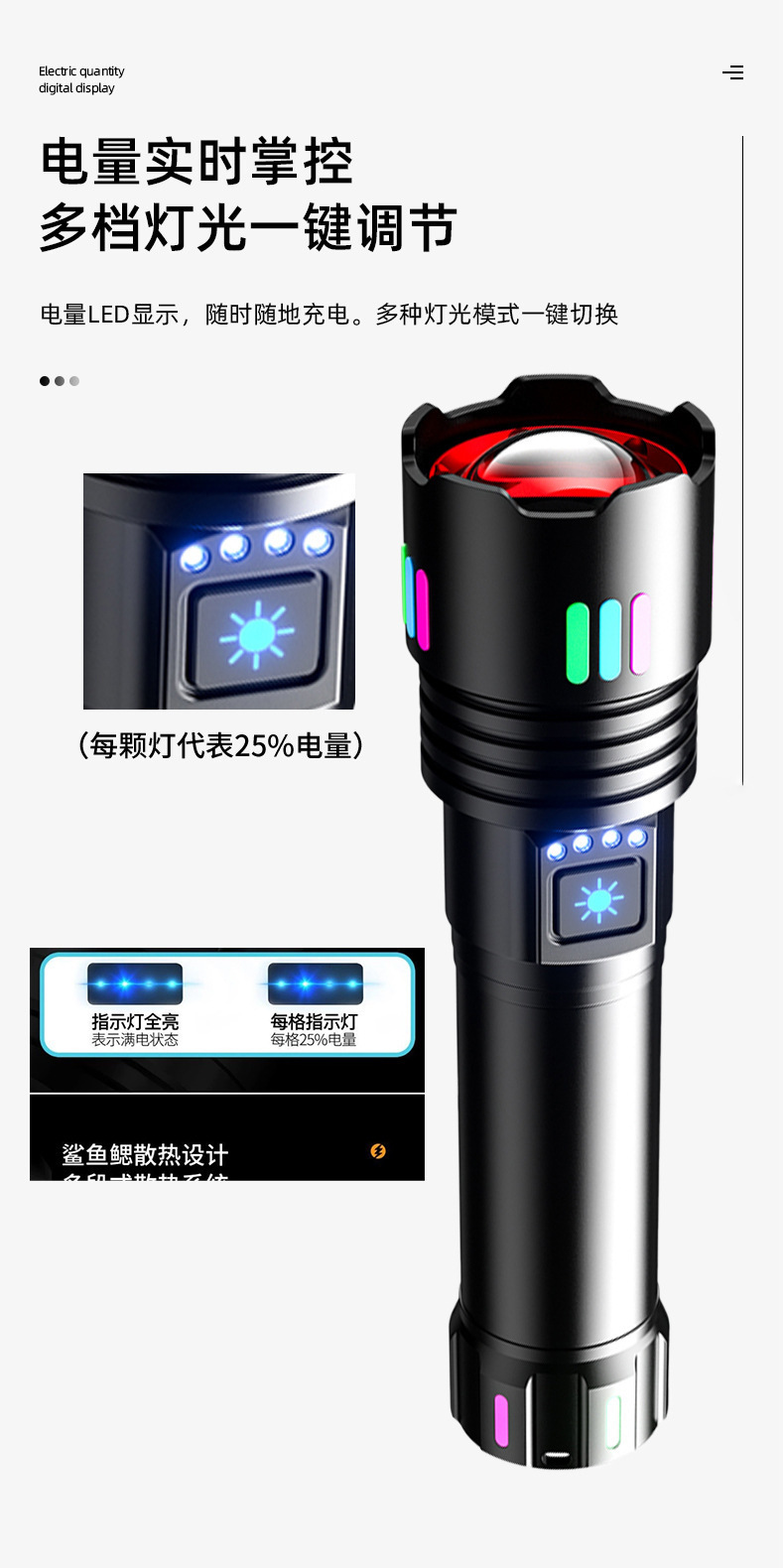 手电筒白激光超亮炫彩荧光新款伸缩变焦充电大功率电显强光远射详情11