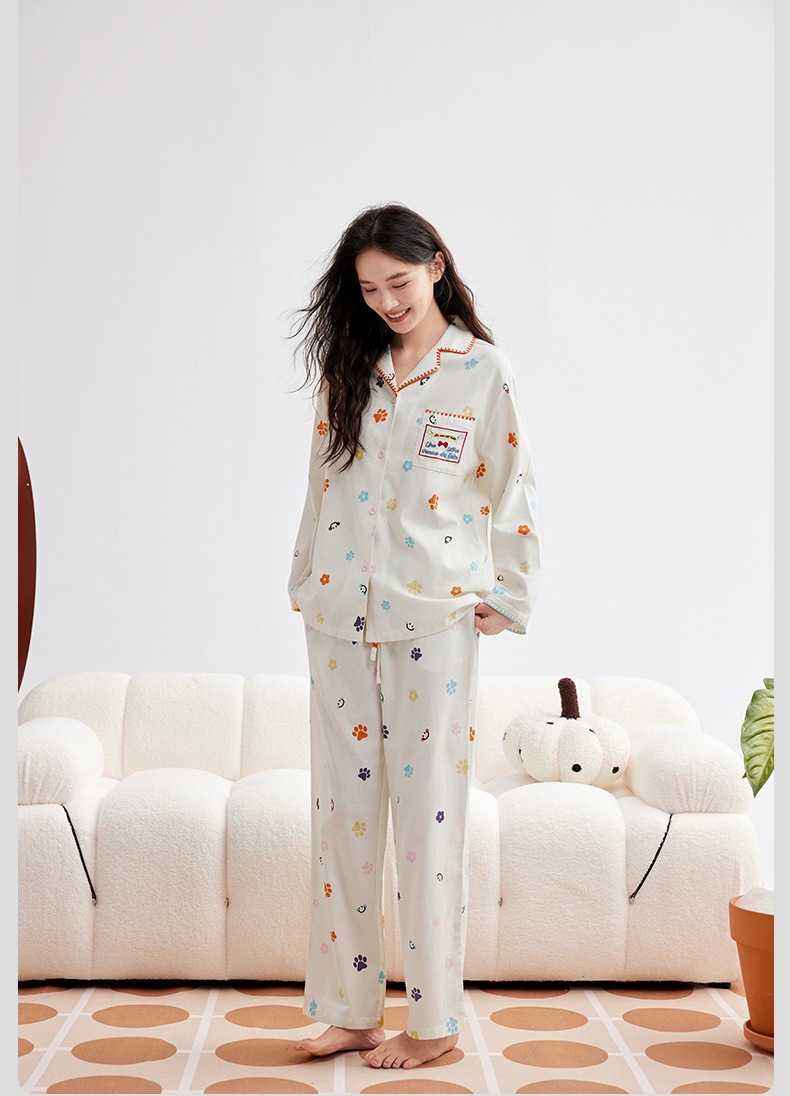 A类天丝棉莱赛尔睡衣女秋猫爪印长袖长裤睡衣春秋女士家居服套装详情28