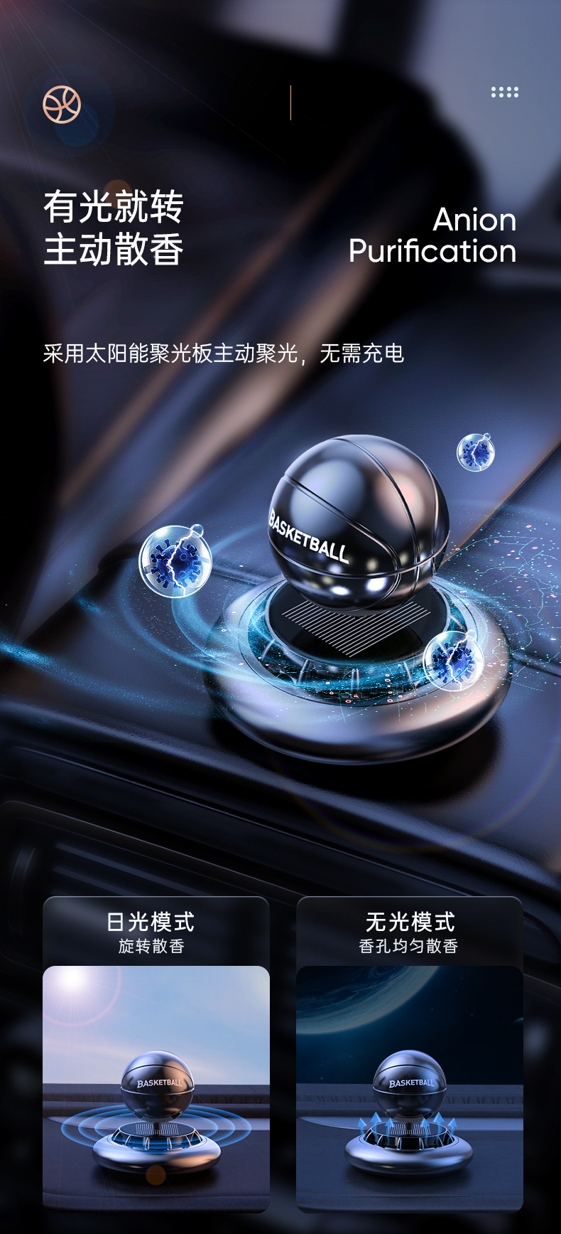 Creative solar-powered car aroma diffuser, basketball, car interior decoration, fragrant and non-pungent rotating perfume ornament pic 3