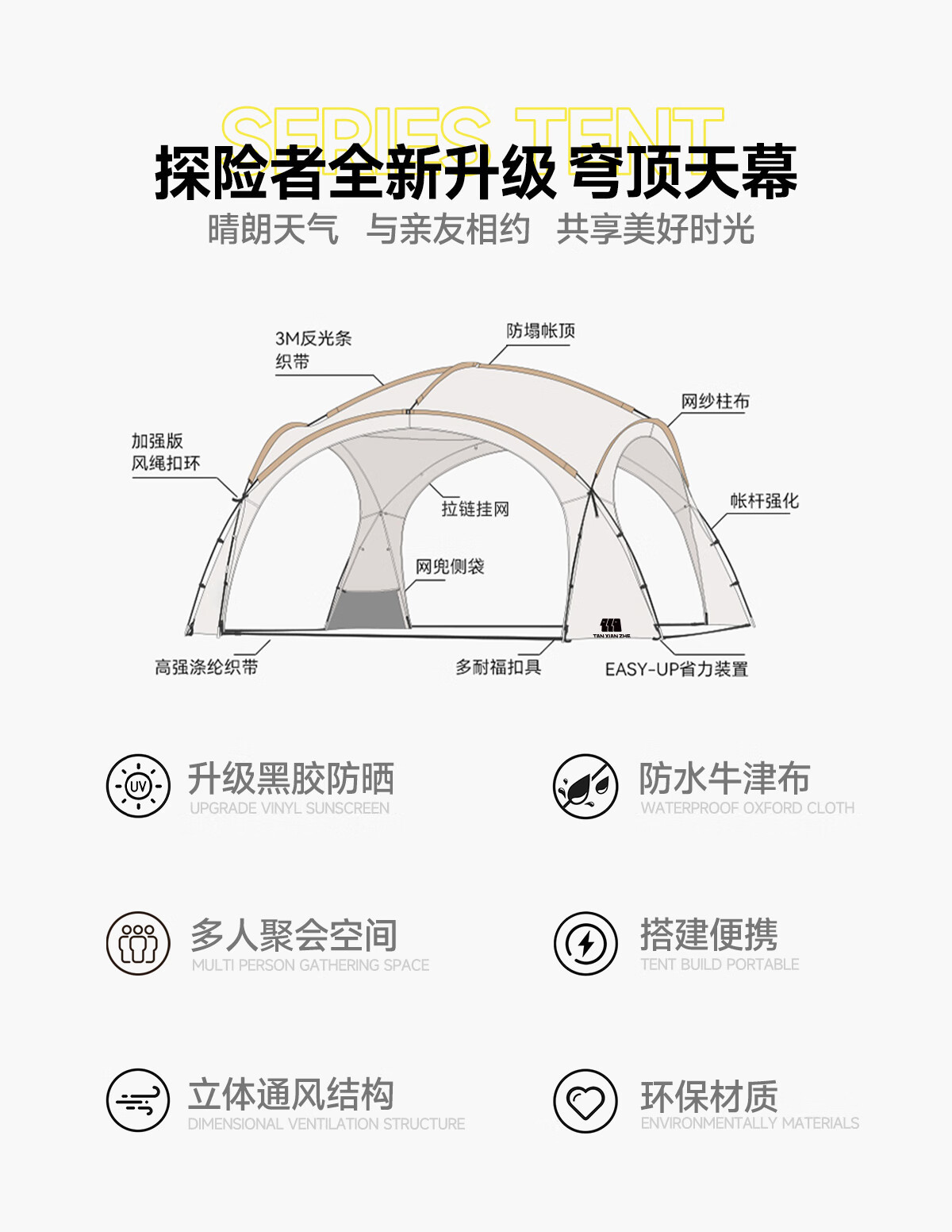 Explorer Black Rubber dome canopy tent, outdoor rainproof overnight camping equipment, full set of sun protection and sunshade canopy pic 3