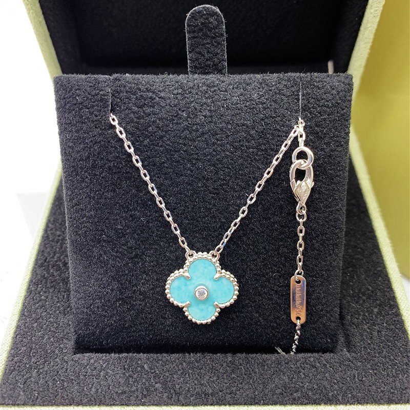 新款纯银925圣诞限定蓝色四叶草单钻18K金薄荷绿幸运草项链锁骨链详情1