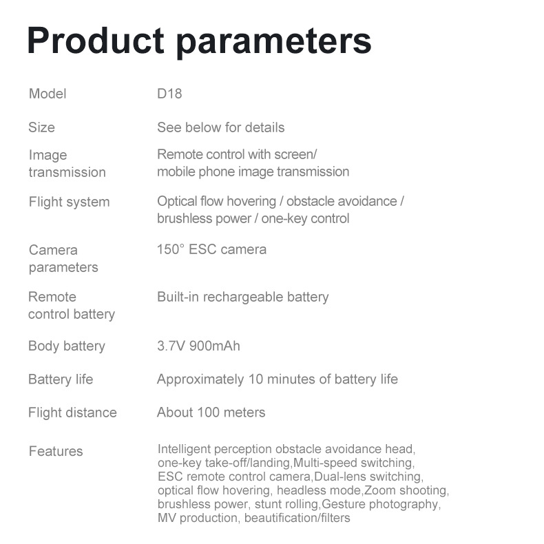 跨境D18无人机屏控无刷150°电调四轴飞行器避障航拍遥控飞机外贸详情24
