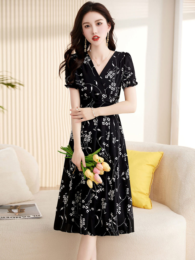 French floral chiffon dress for women 2024 Summer new style, fashionable, elegant and versatile V-neck midlength dress pic 17