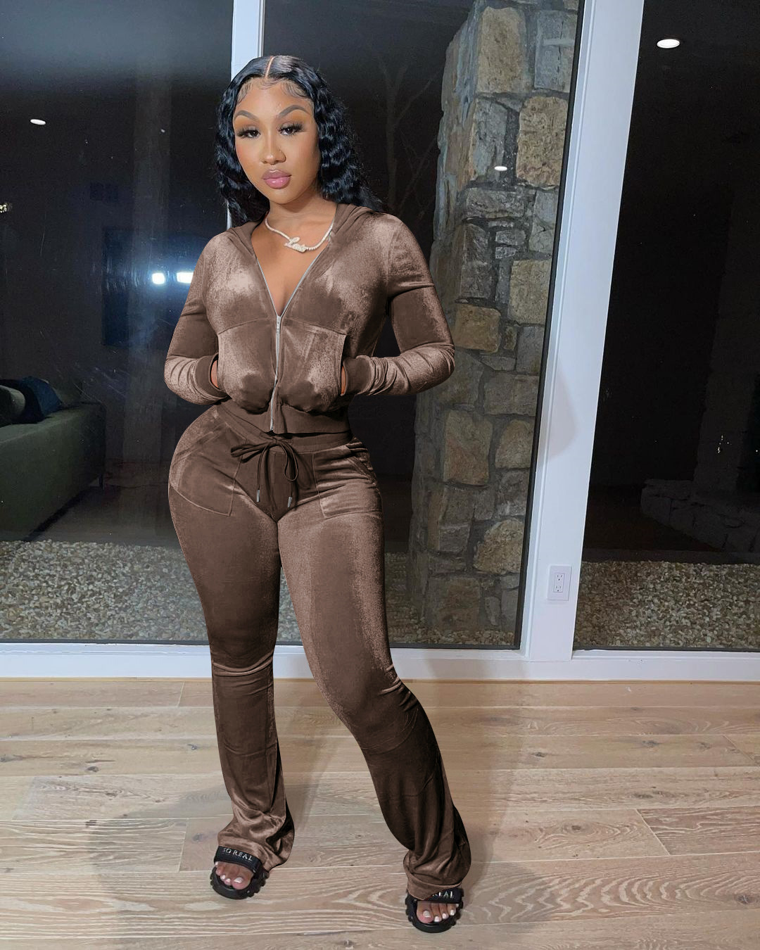 Solid color gold velvet wide-leg pants two-piece set pic 113