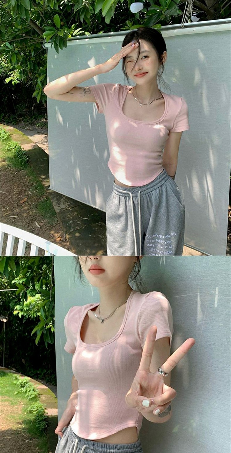 纯欲甜辣妹正肩方领短袖T恤女夏季ins设计感小众百搭显瘦短款上衣详情4