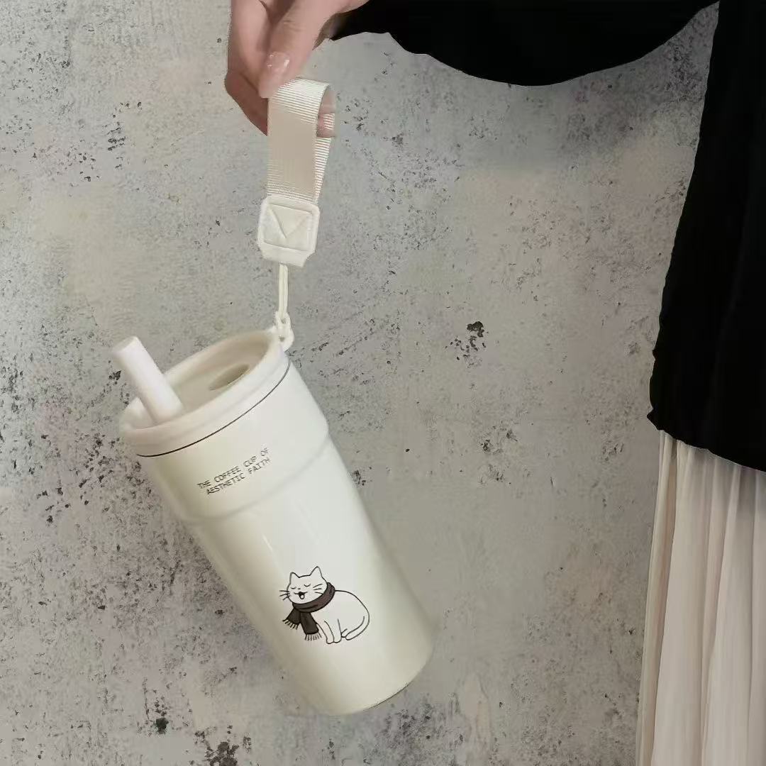 Wholesale of new stainless steel portable coffee cups with high appearance standards, cartoon student outdoor double-drinking straw insulated cups and water cups pic 9