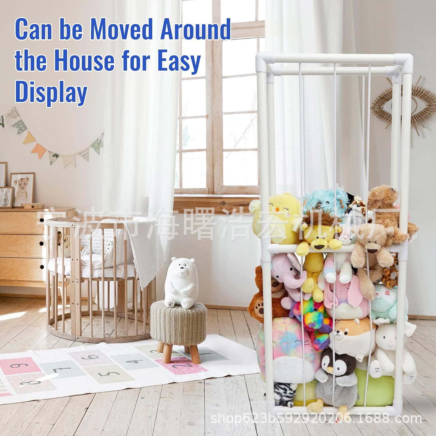 填充动物储物架收纳创意毛绒带底部网储物笼用于玩偶房间白色大号详情3