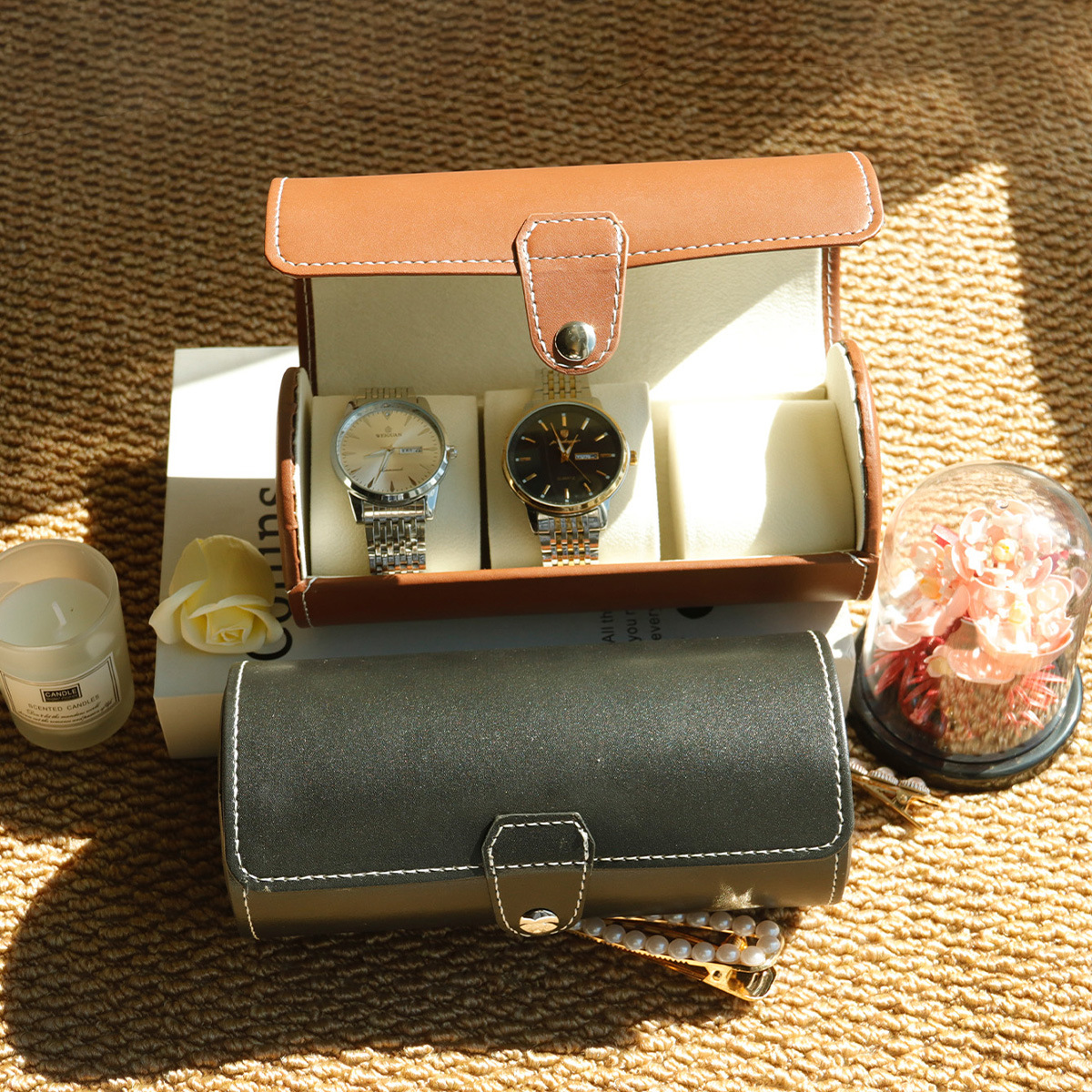 圆筒式防尘手表收纳盒便携腕表首饰盒简约皮质手链展示盒子手表盒详情3