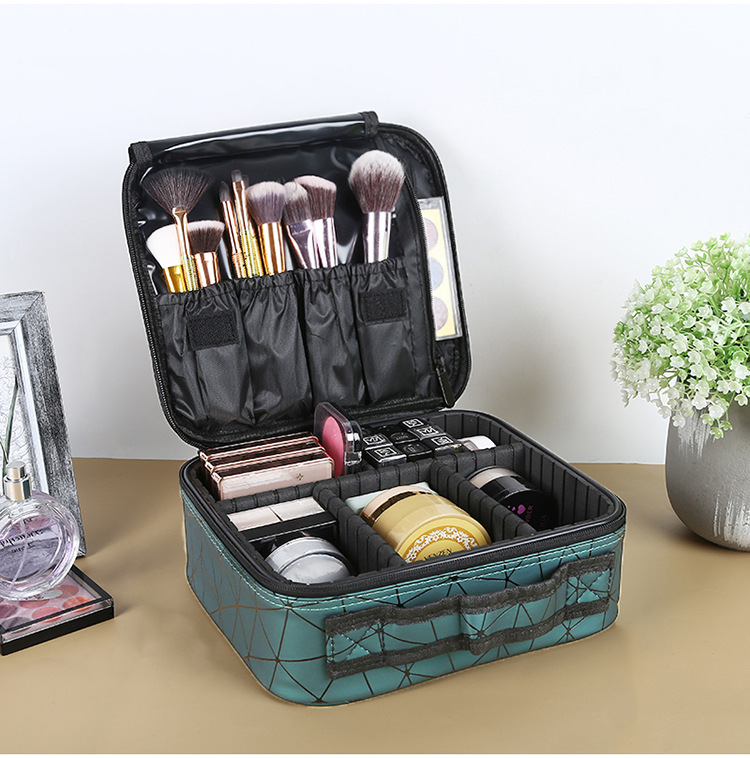 Portable PU leather diamond-shaped partition makeup box, large-capacity waterproof makeup bag, makeup brush and cosmetics storage box pic 1