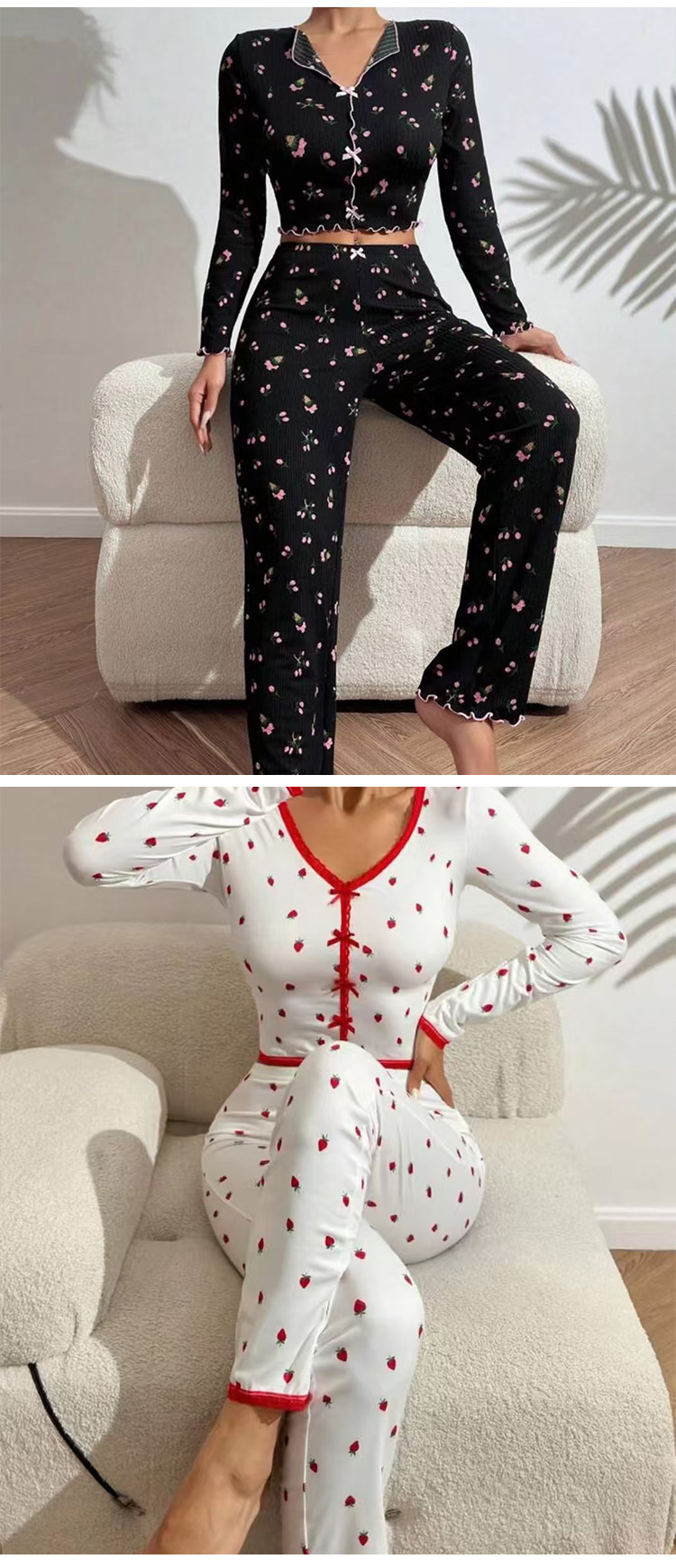 欧美跨境新款印花家居服卷边爱心V领长袖睡衣女可外穿长裤两件套详情8