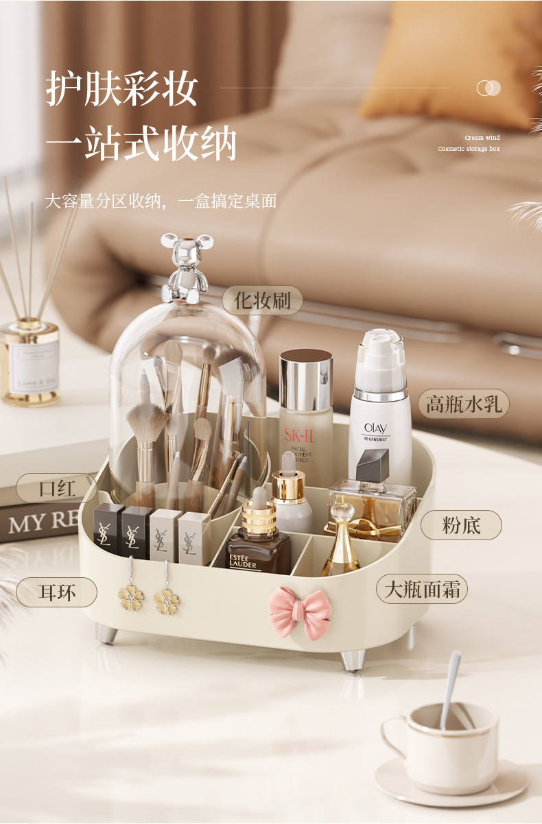 新款带盖化妆品口红收纳盒桌面家用整理洗手台梳妆台防尘置物架高详情3