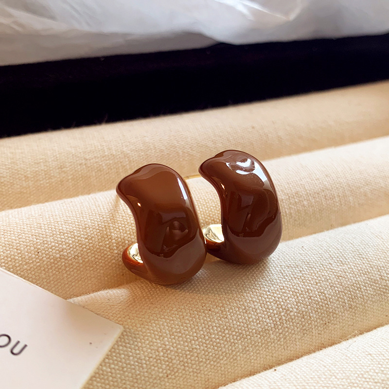 银针咖色滴油波浪弯曲耳钉复古轻奢耳环简约气质高级感耳饰批发女详情4