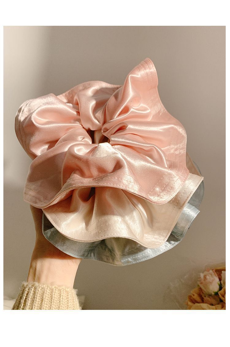 French-style gentle pink satin large intestine hair band, a luxurious and laid-back female style, oversized hair accessory with a hair tie pic 8