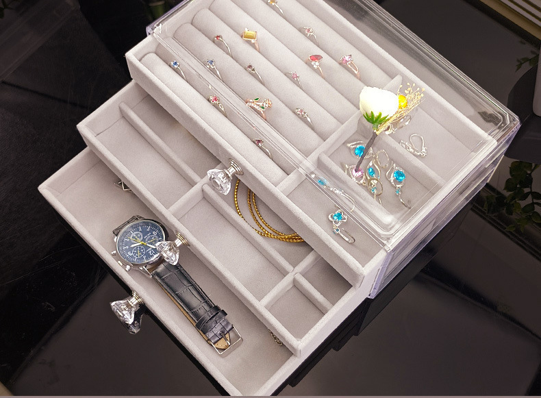 Three-layer jewelry storage box, transparent acrylic velvet checkered jewelry necklace, ring and bracelet storage and organization box pic 3