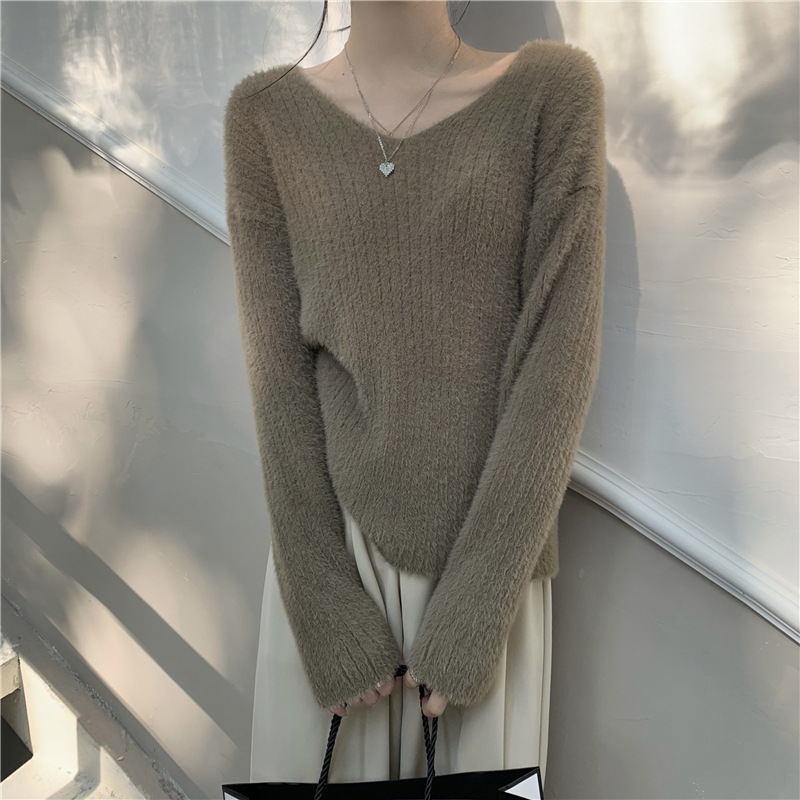 软糯水貂毛衣女秋冬慵懒风v领内搭针织打底衫宽松显瘦长袖上衣女详情7