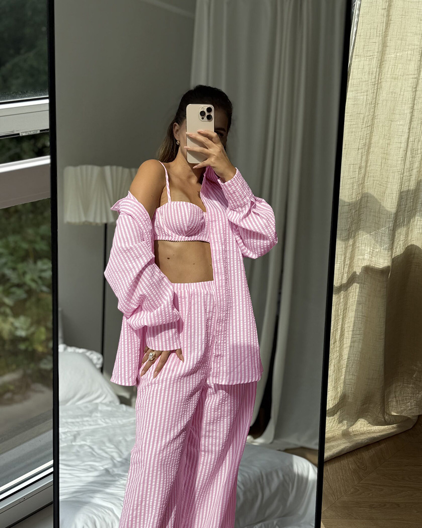 A new spring/summer striped three-piece pajama set from Europe and America, soft, loose and skin-friendly for women, suitable for cross-border wear in 2026 pic 43