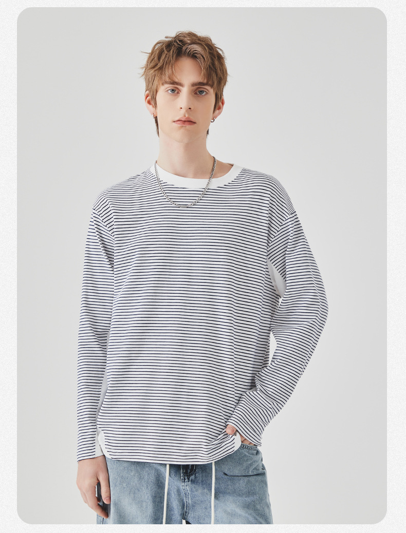 APO男装|撞色条纹长袖T恤男士春秋季潮牌宽松圆领内搭上衣打底衫详情19