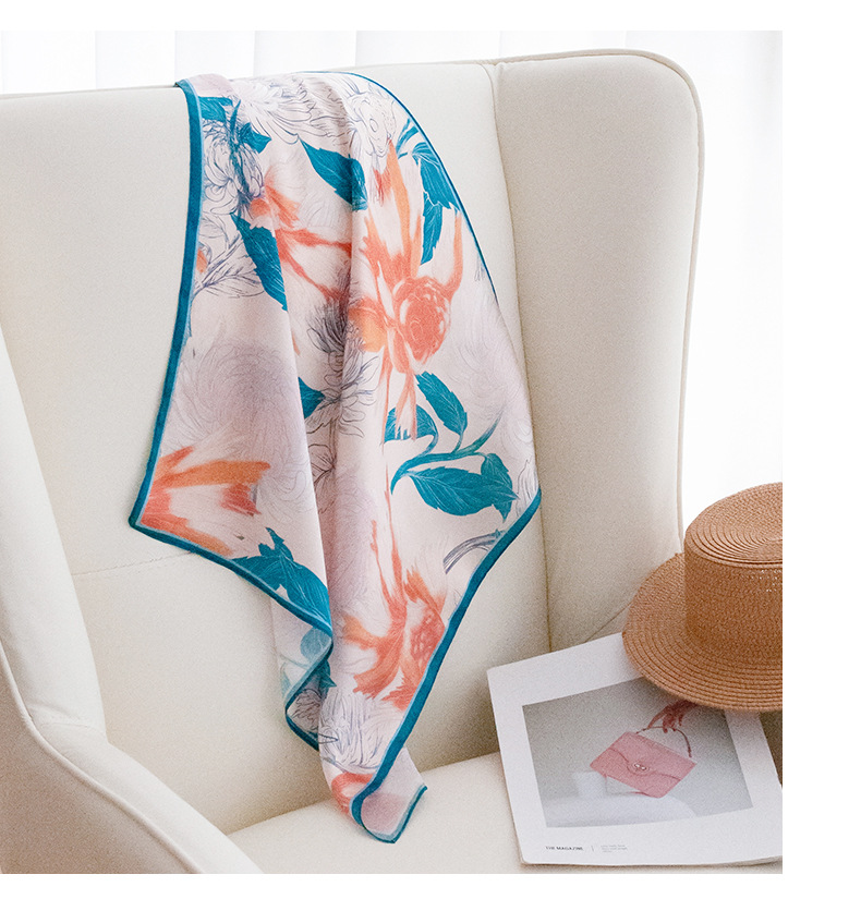 Spring and summer new travel sun protection versatile silk scarf, 100% silk small square scarf, floral printed silk scarf, neck-tying small square scarf pic 14
