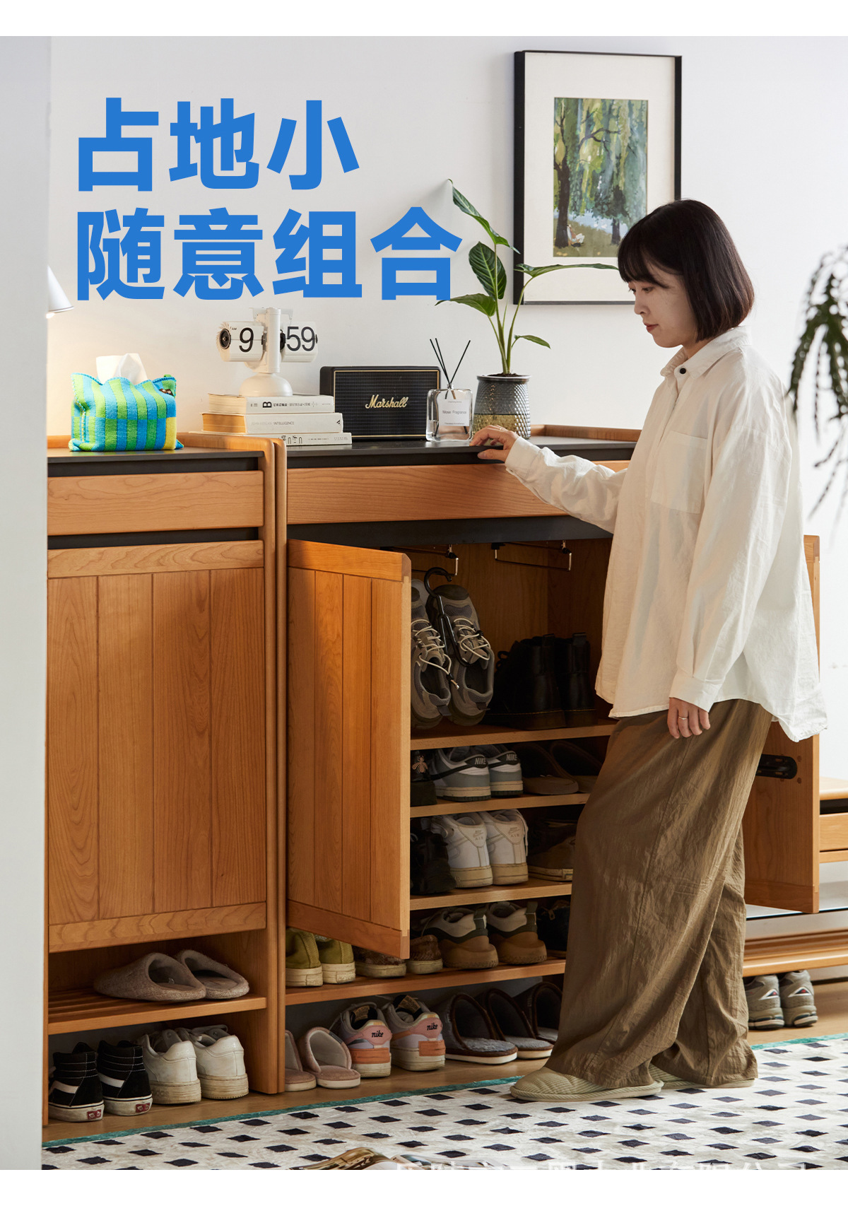 二黑木业实木鞋柜门口超薄置物柜岩板日式樱桃木入户大容量玄关柜详情3