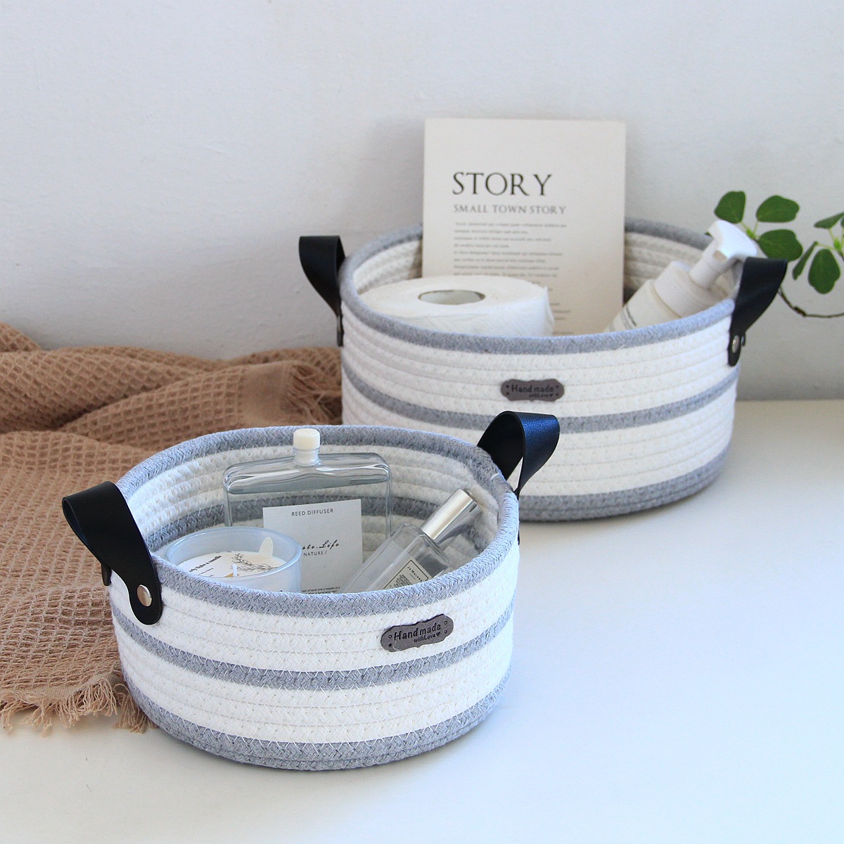 Round cotton rope woven storage basket with leather handle, InS-style desktop storage basket, cosmetics and toys storage box, Nordic style pic 21