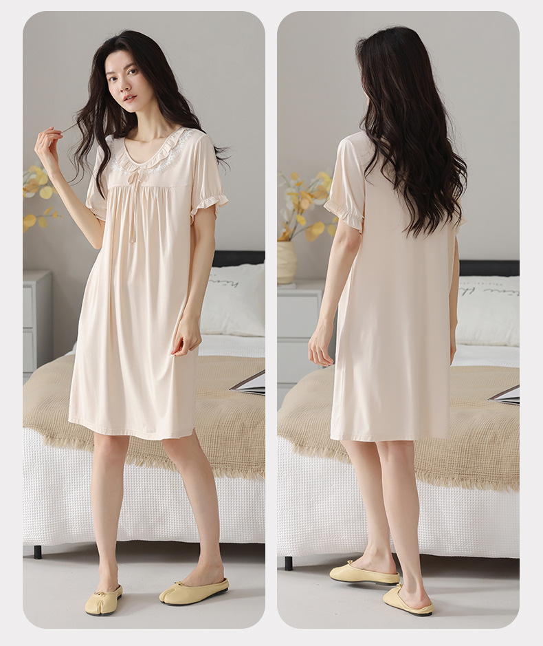 A light short-sleeved casual summer dress with a chest cushion for women. It can be worn as a mid-length skirt. It is made of modal cotton for summer home wear pic 30