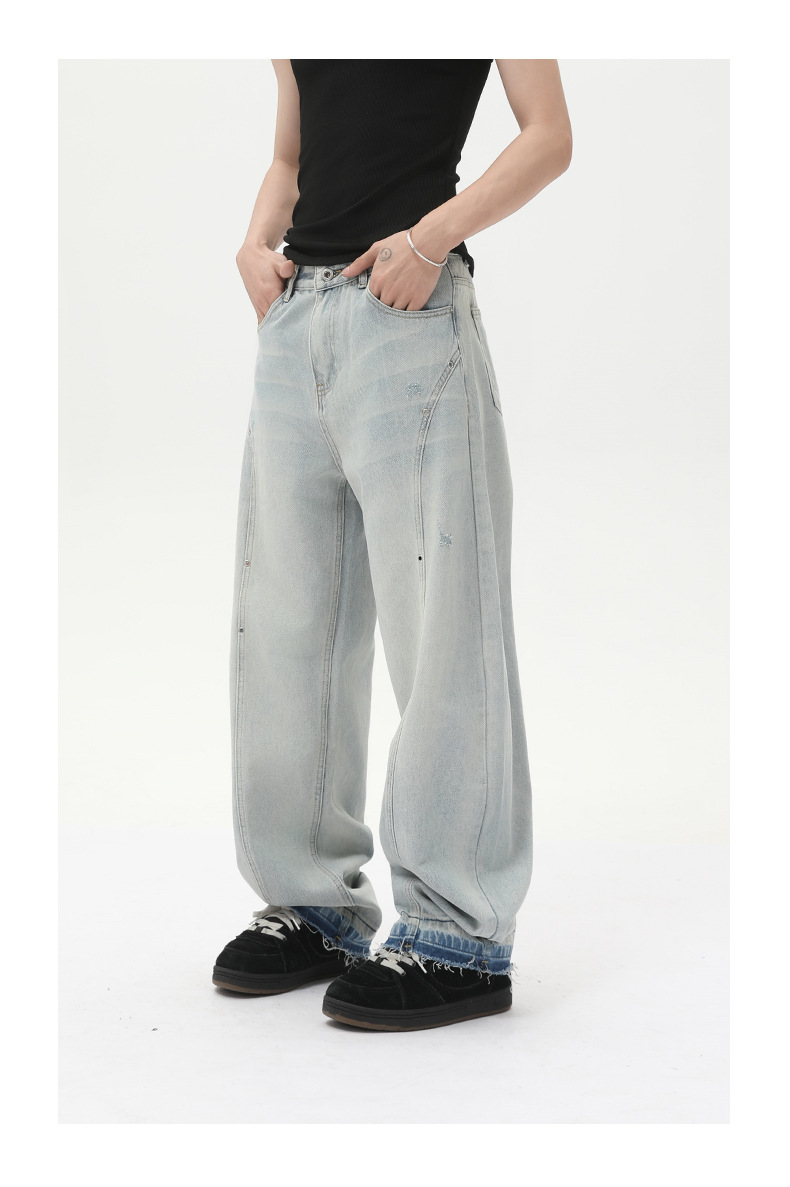 MTLCLOTHES男装| 小众设计感浅色阔腿牛仔裤宽松显瘦直筒弯刀裤潮详情15