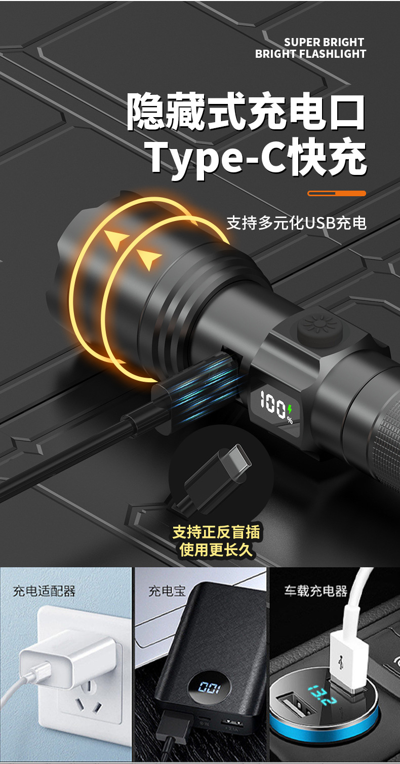 手电筒强光充电超亮家用户外小型便携式迷你变焦远射登山照明灯详情9