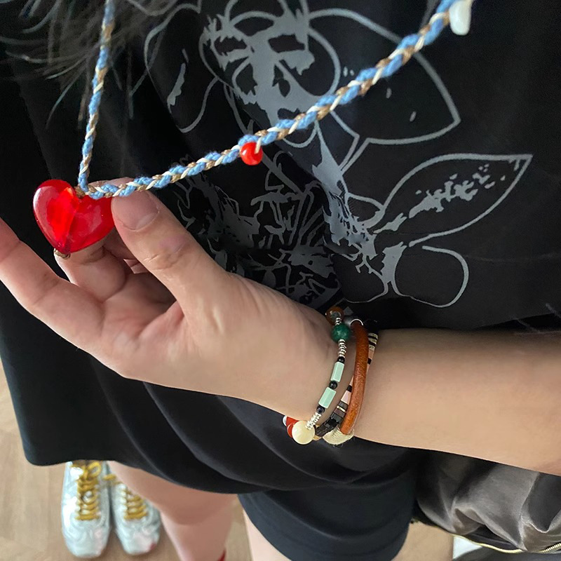 复古老琉璃彩绳编织红色爱心天然石吊坠项链女士长款毛衣链多巴胺详情8