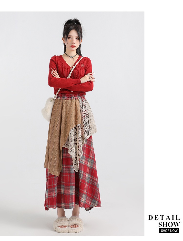 Forest-themed retro checkered skirt for women 2025 new autumn and winter design, irregularly pieced high-waisted A-line long dress pic 22