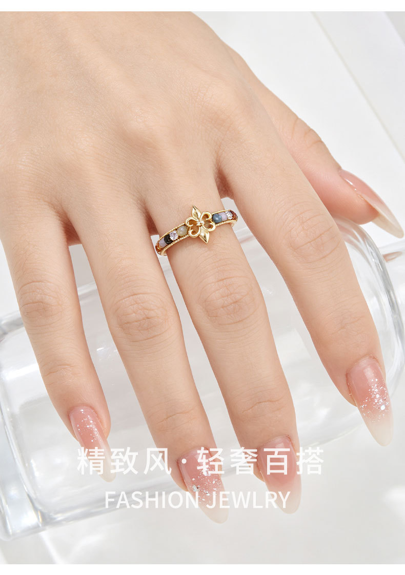 源头工厂复古宫廷风鸢尾花开口戒指铜合金真金电镀天然石精致指环详情5