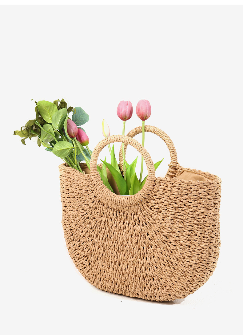 Simple and versatile semi-circular straw woven bag, new large-capacity woven bag, vacation-style beach bag, hand-carried vegetable basket pic 5