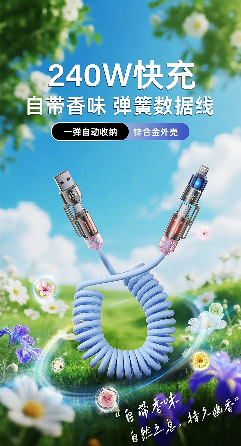 240W数据线四合一车载弹簧香薰发光数据线适用苹果华为type-c快充详情3