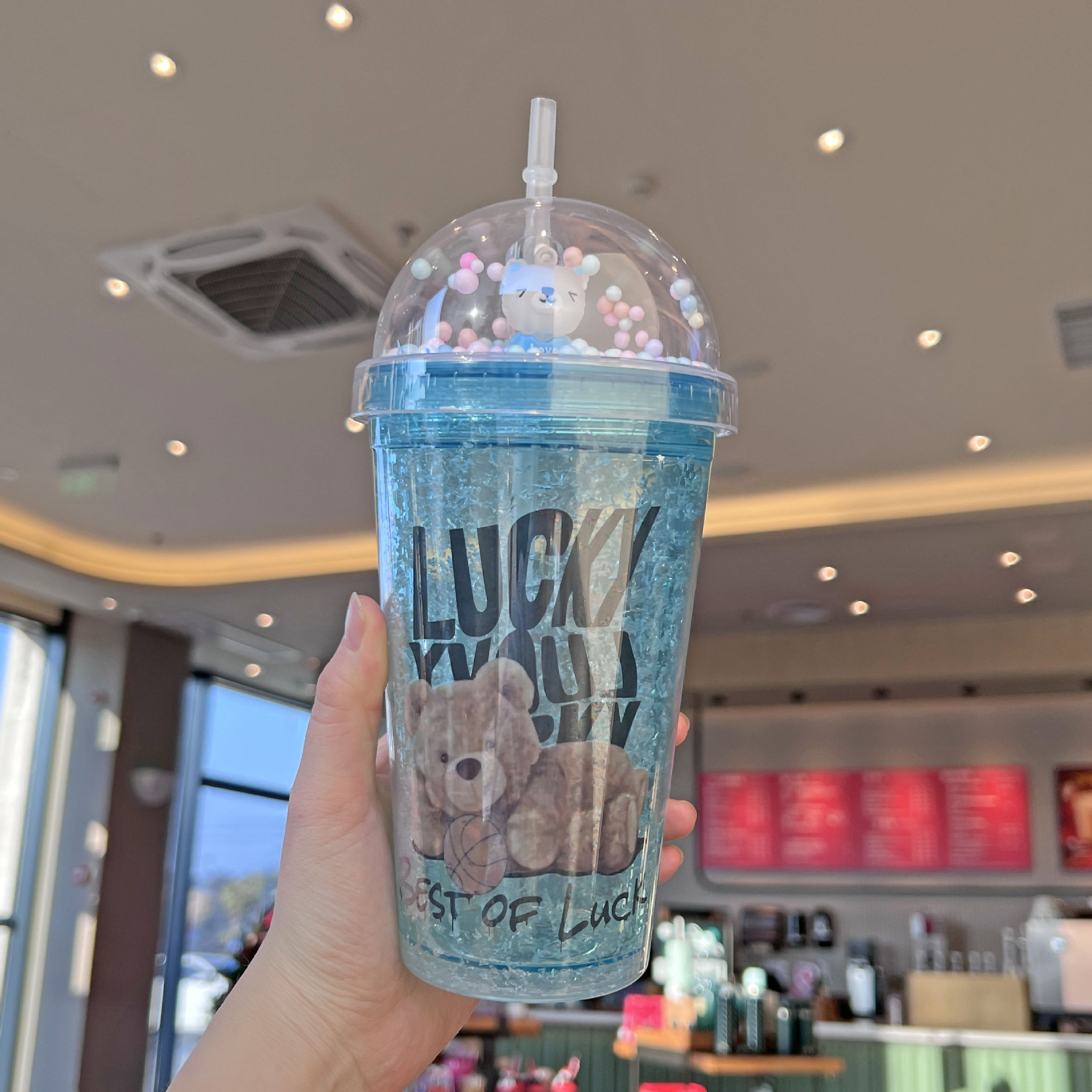 跨境新款卡通小熊杯双层塑料水杯可爱儿童便携高颜值吸管杯碎冰杯详情7