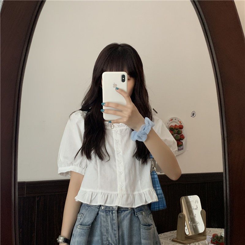 短袖衬衫女设计感小众夏季法式甜美减龄短款上衣方领小个子娃娃衫详情25