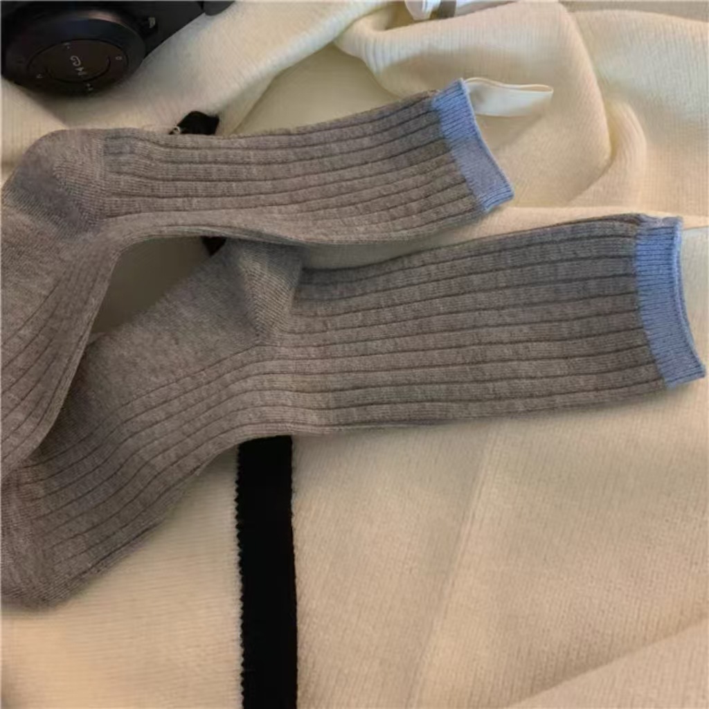 袜子女秋季小布标撞色中筒袜日系简约竖纹潮袜纯色拼接百搭堆堆袜详情2
