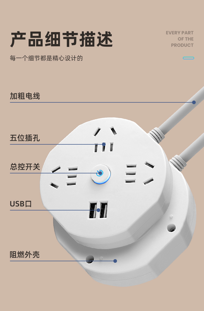 公年插座带长线插板排插多功能usb家用宿舍多插位小巧便携安全详情3