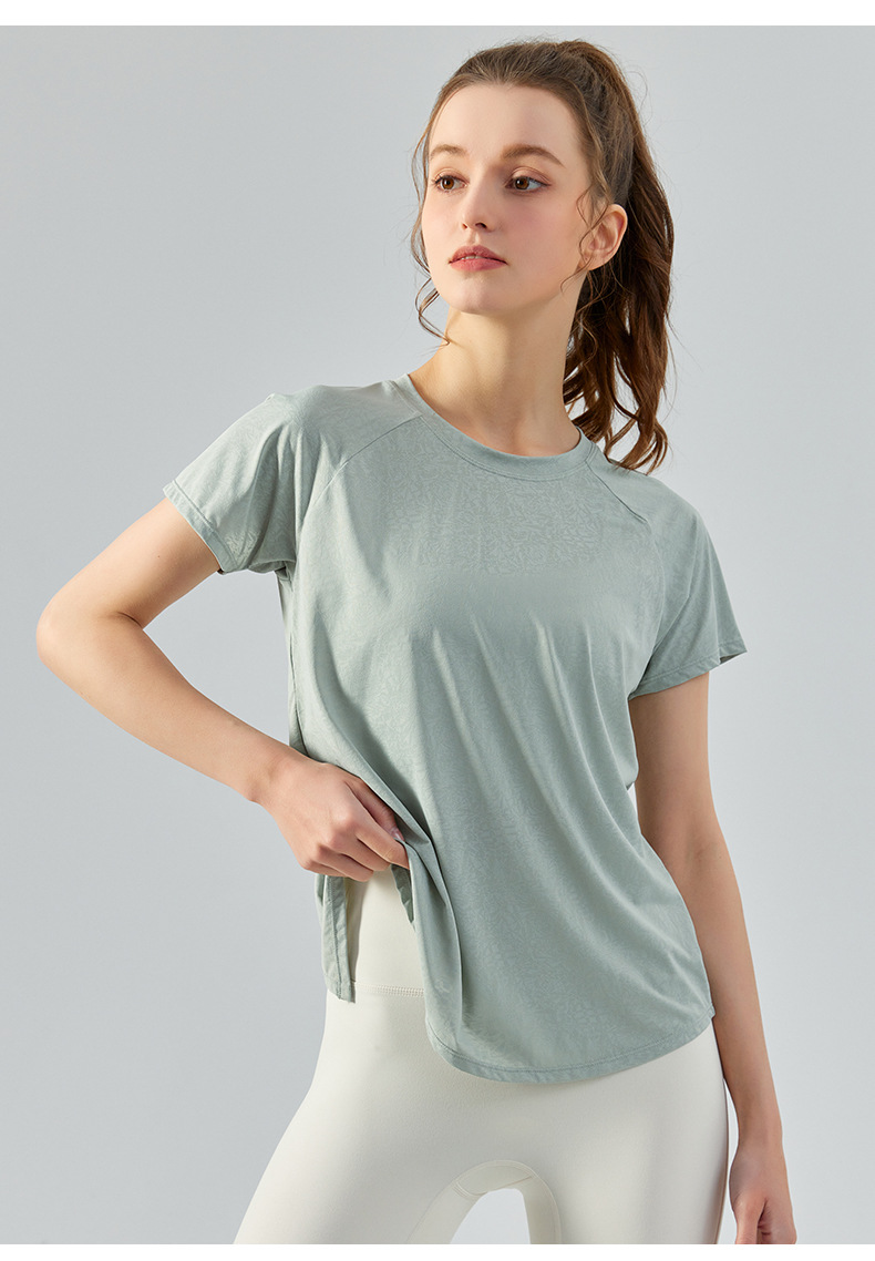 Spring and summer jacquard slit cutout yoga smock for women, light and quick-drying short-sleeved T-shirt, loose and breathable yoga wear top pic 20
