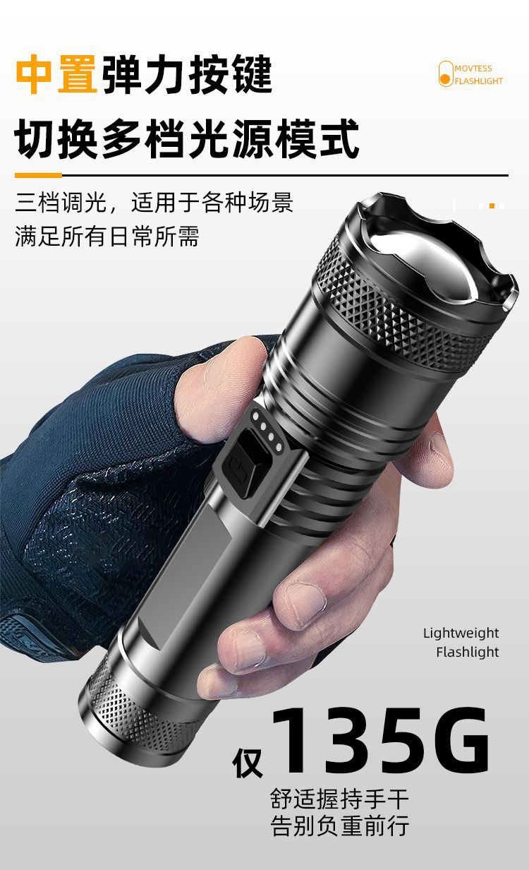 抖音跨境款强光手电筒电显可充电远射伸缩调焦高亮户外照明可代发详情13