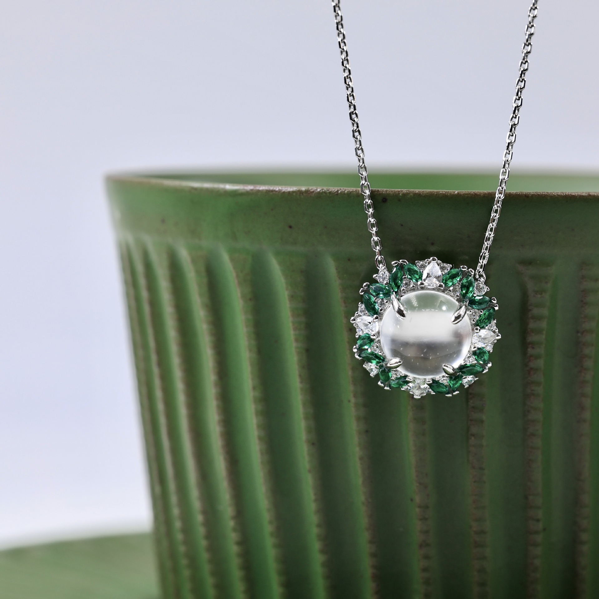 新中式国风蛋面天然水沫玉项链戒指套装S925银祖母绿宝石吊坠饰品礼盒详情9